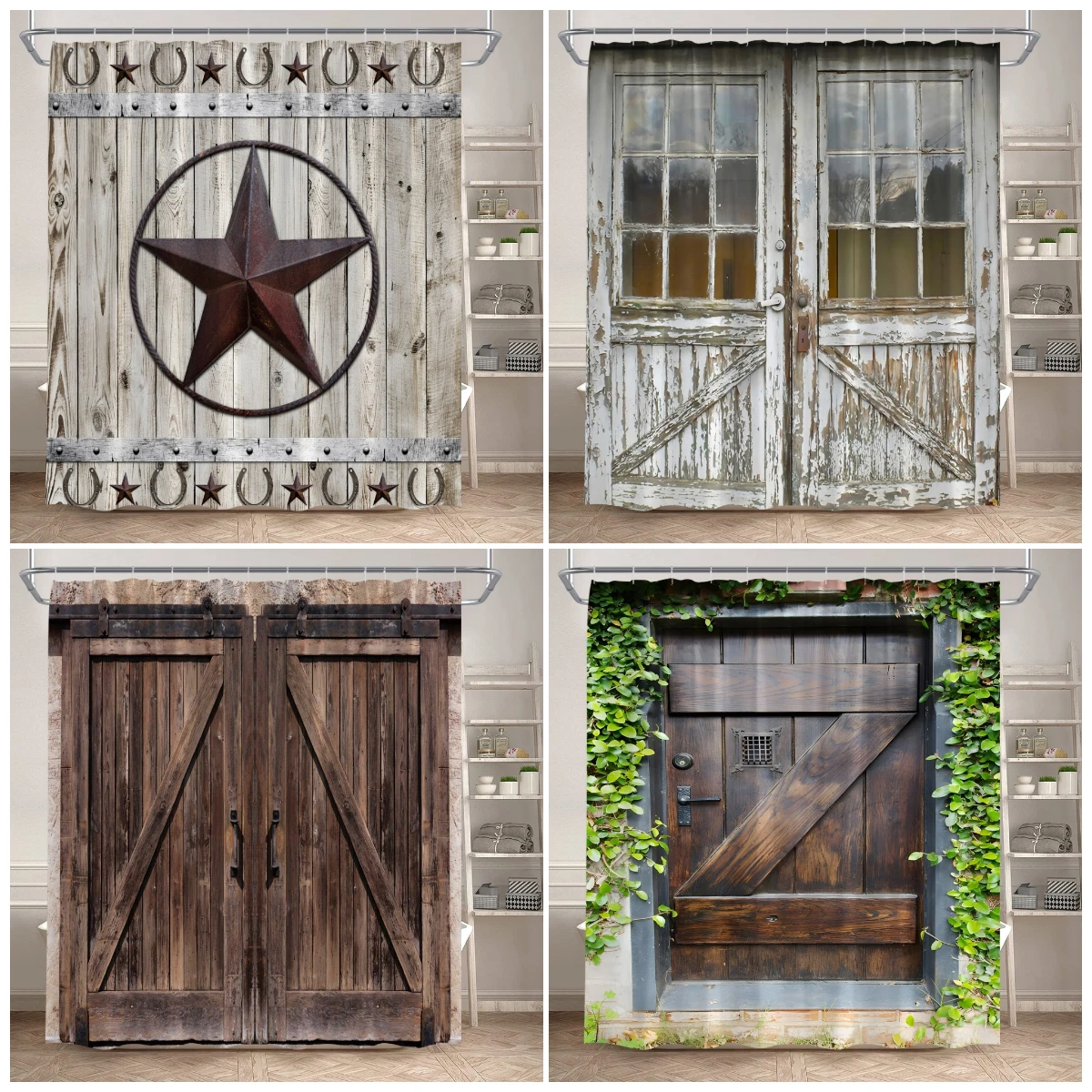 Vintage Farm Barn Wooden Door Shower Curtains Retro Texas Star Brown White Wood Board Bath Curtain Set Polyester Bathroom Decor