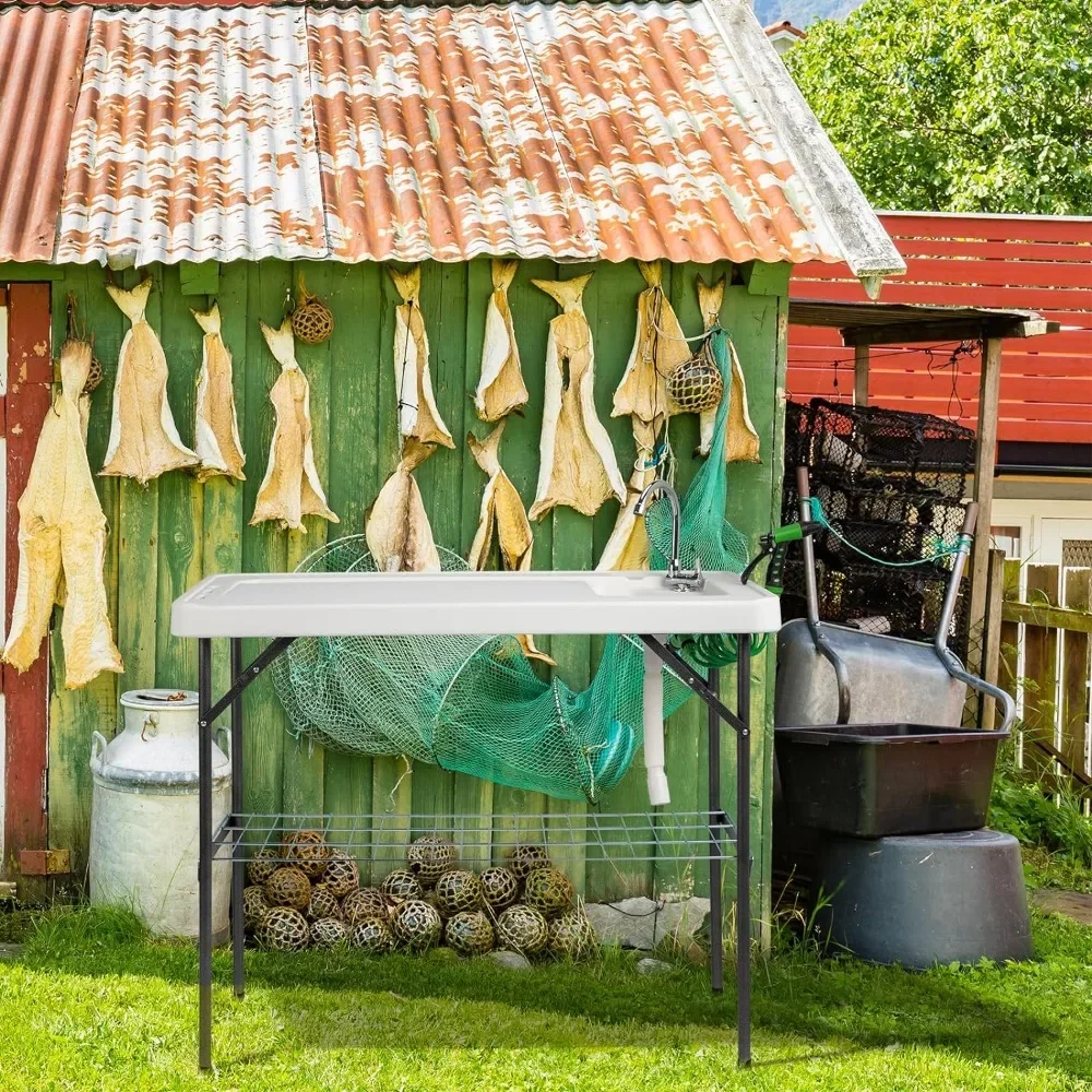 Folding Fish Cleaning Table with Sink, Portable Camping Sink Table with Grid Rack & Sprayer, Fish Fillet Cutting