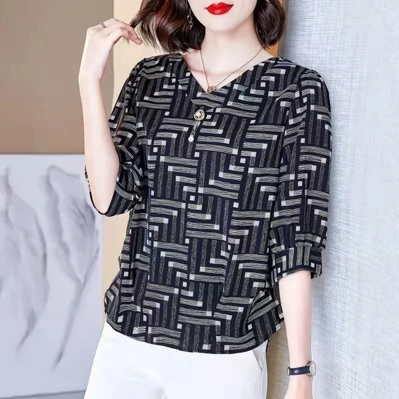 Women Spring Summer Blouses Shirts Lady Fashion Casual Half Sleeve V-Neck Collar Black White Stripes Blusas Tops