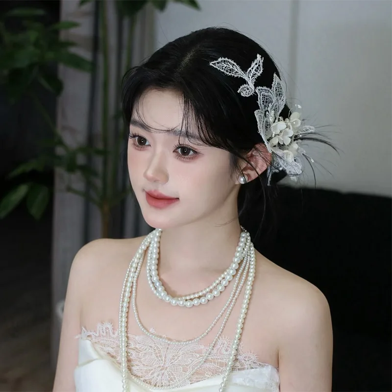 

Bride Headwear Korean Super Fairy Bow Crystal Beaded Tassel Hair Clip Earrings Wedding Dress Pair Hair Accessories Woman Trendy