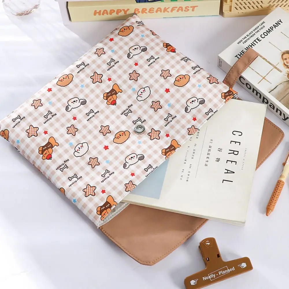 Cartoon Plaid Puppy A4 File Folder Handheld Washable Tutoring Bag Large Capacity Snap Button Document Folder School Office