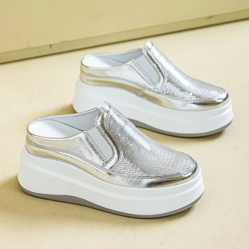 7.5cm Patent Genuine Leather Platform Autumn Breathable Pumps Summer Spring Synthetic Chunky Heels Mary Jane Slipper  34-39