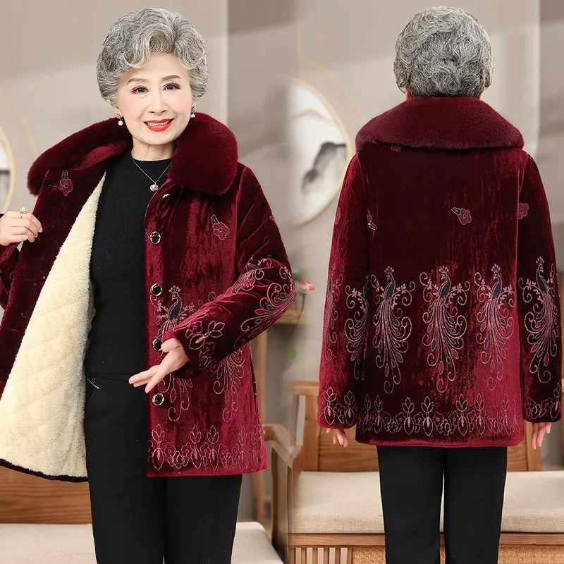 Winter Women's Cotton-Padded Jacket 50 To 80 Year Old Grandma Coat Thick Velvet Warm Middle Aged Mother Positioning flower Parka