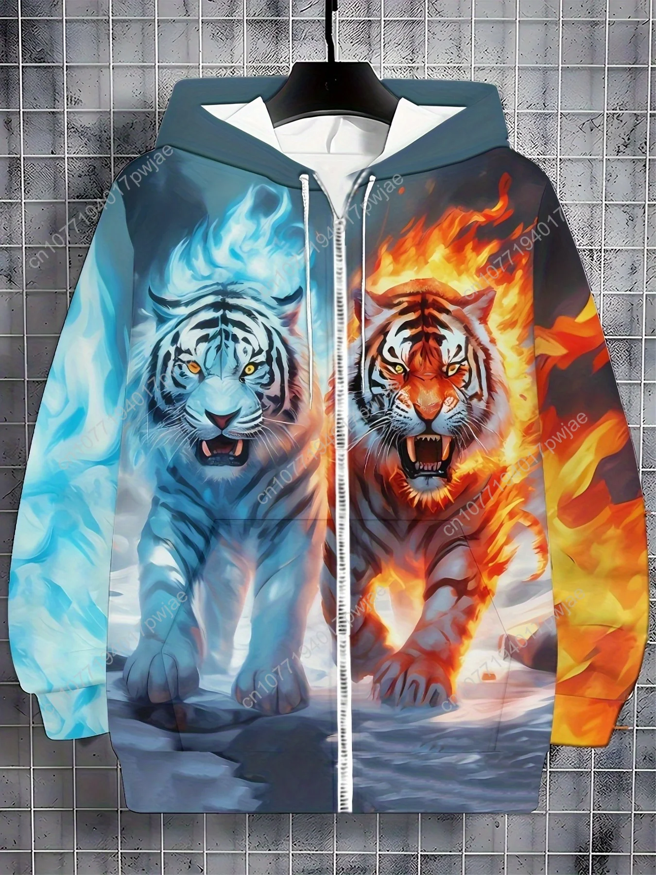 [Tiger Print Hooded Sweatshirt] Men's Tiger Print Casual Hooded Sweatshirt with Zipper | Autumn and Winter Outdoor Jacket, Draws