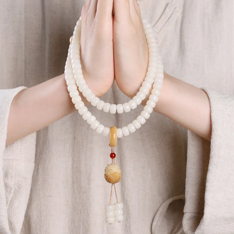 White Jade Bodhi Root Bracelet, 108 Beads, Simple Design,