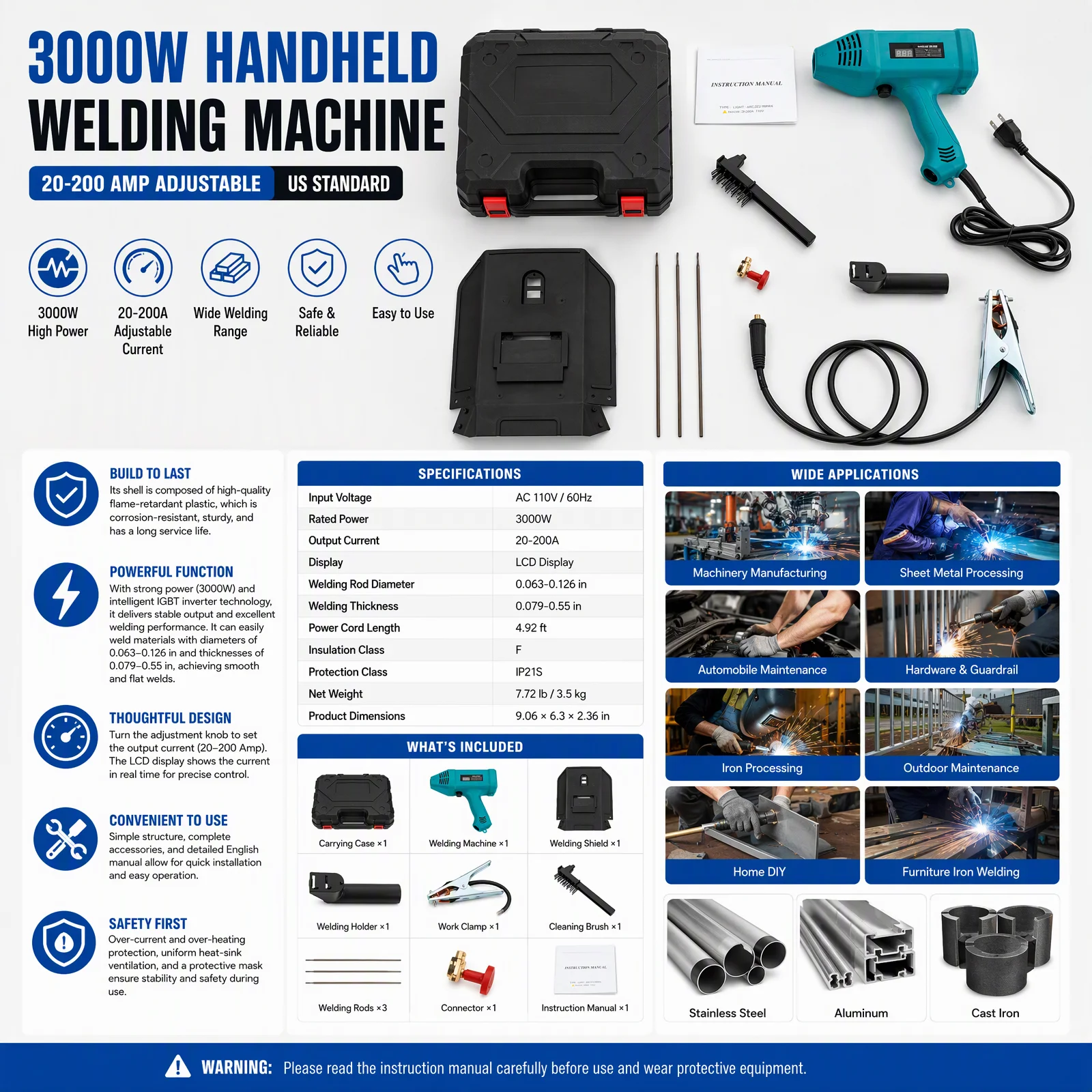 Handheld Welding Machine 3000W Portable Digital Welder Gun with 20-200A Adjustable Current LCD Display for DIY Maintenance Metal Welding Stainless Steel Aluminum