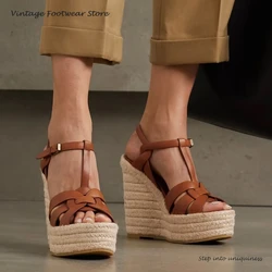 Vintage Woven Leather Wedge Sandals Casual Round Open Toe T-strap Platform High Heels Summer Fashion Buckle Strap Modern Sandals