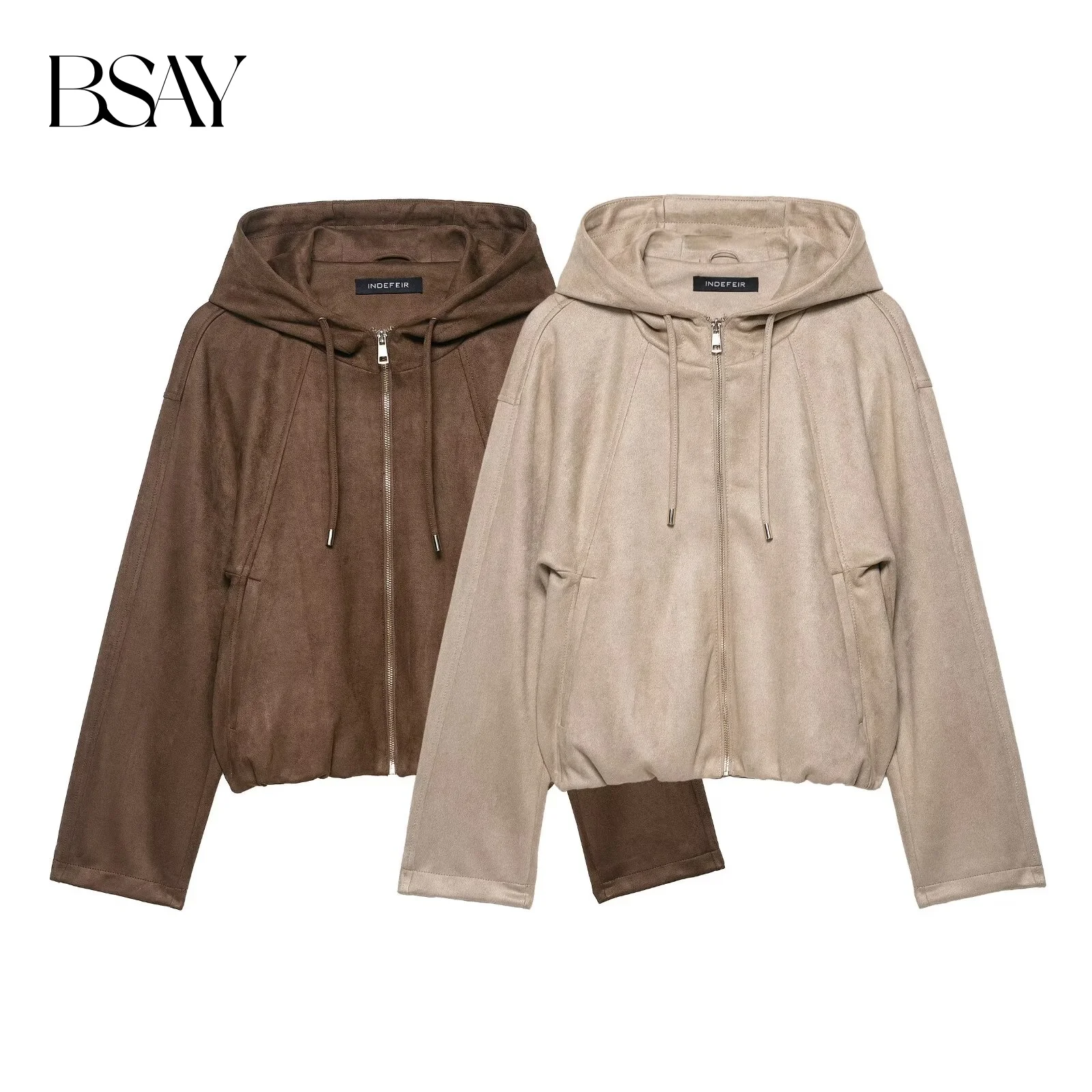 

BSAY, осенний новый продукт, женская одежда 2025, свободная куртка на молнии с капюшоном, простая однотонная куртка с длинными рукавами и длинными рукавами