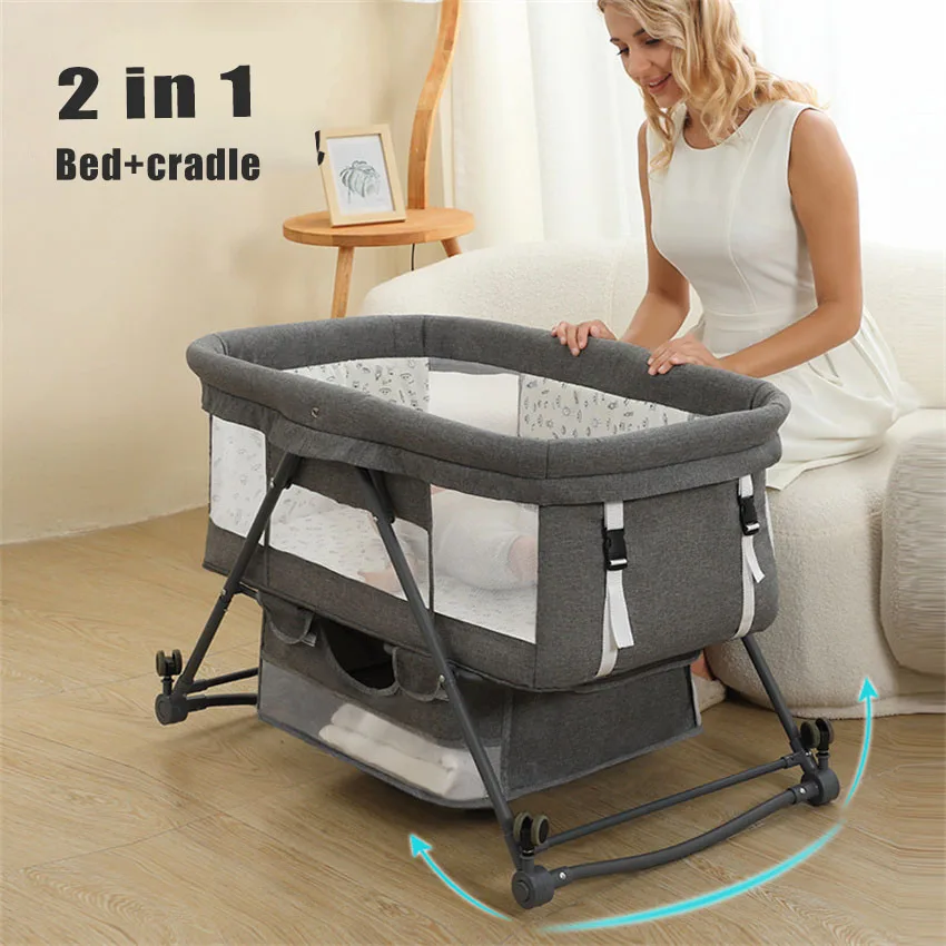 Upgraded Baby Cribs 2 in 1 Cradle Newborn Baby Crib Bed Shaker Bassinet Foldable With Mosquito Net & Wheel Can Move 0-3 Year Old