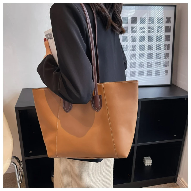 TRAVEASY 2024 Large Capacity PU Leather Bucket Tote Bags for Women Fashion Solid Color Zipper Female Shoulder Bags Armpit Bag