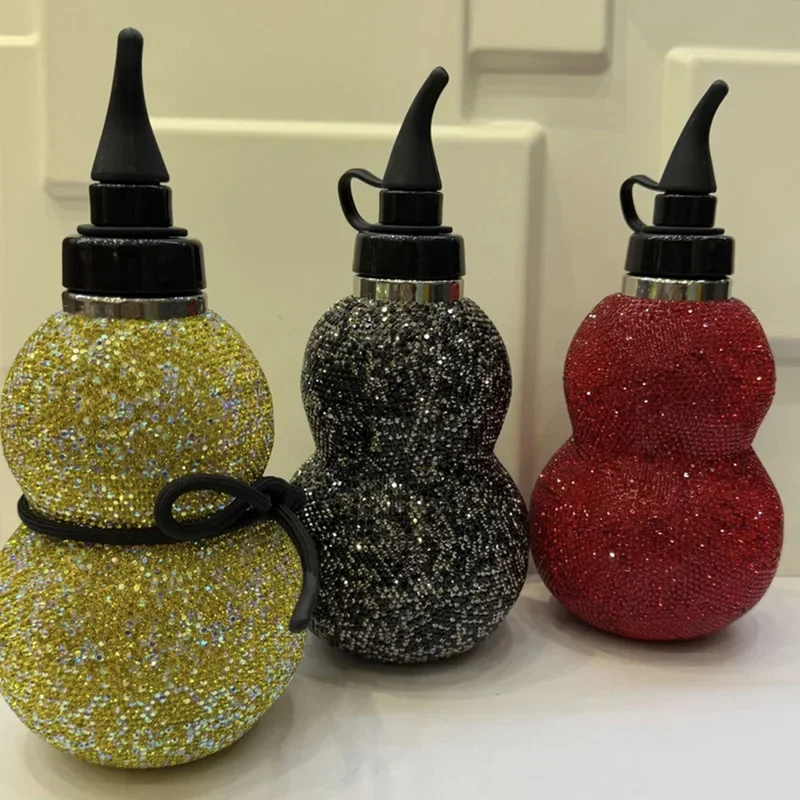 

400ml Gourd Style Water Bottle Bling Diamond Thermal Insulation Cup Stainless Steel Thermos Bottle With Lanyard Vacuum Flasks