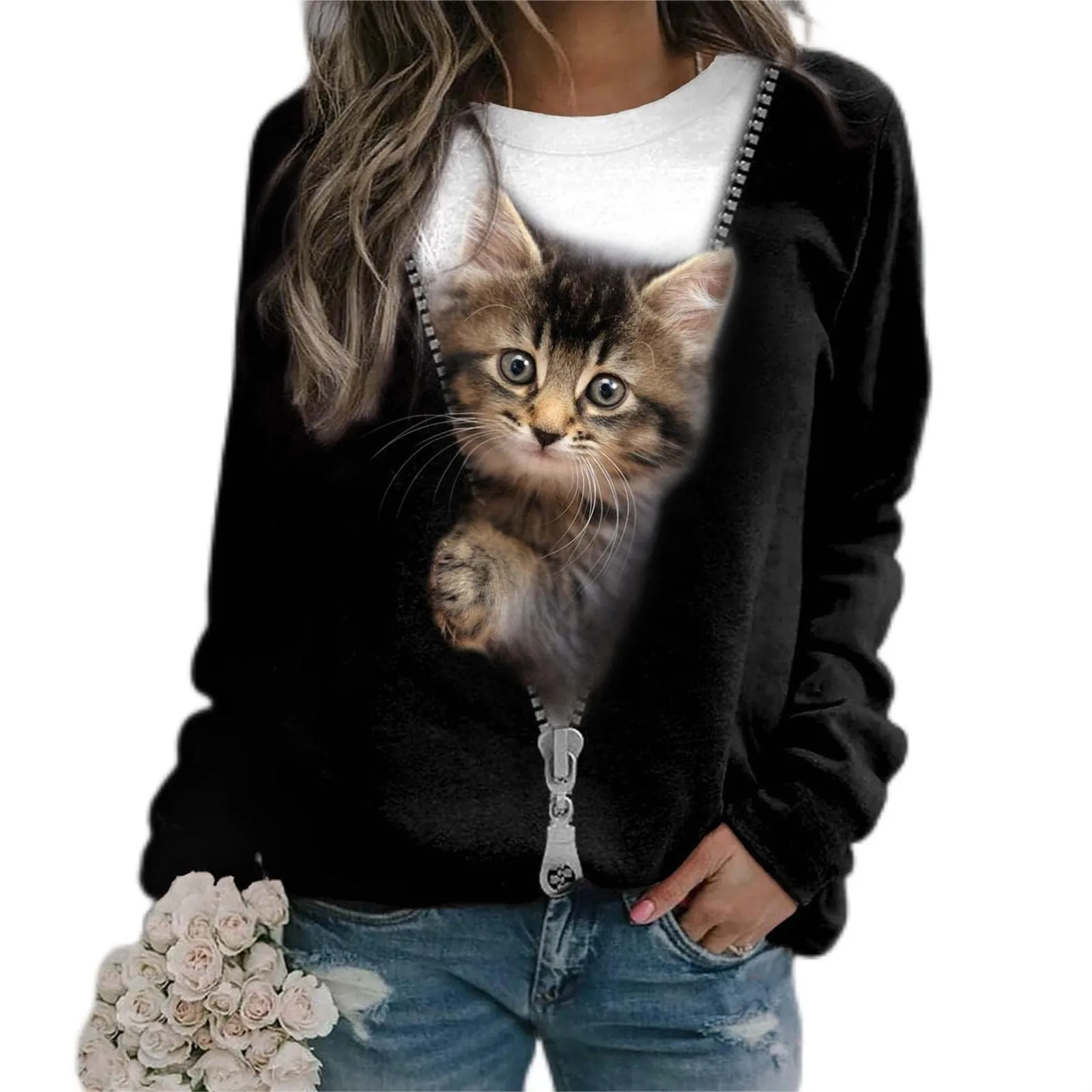 Cute Cat Women Sweatshirts Fake 2 Piece Zipper Print Long Sleeve O-Neck Casual Hoodies Tops y2k Street Funny Patchwork Clothes