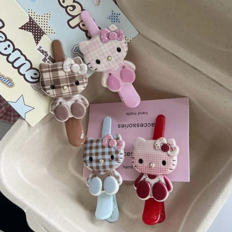 Hello Kitty Cartoon Cute Plaid Long-billed Duck Clip High-looking Side Seamless Hair Clip Forehead Broken Hair Bangs Clip