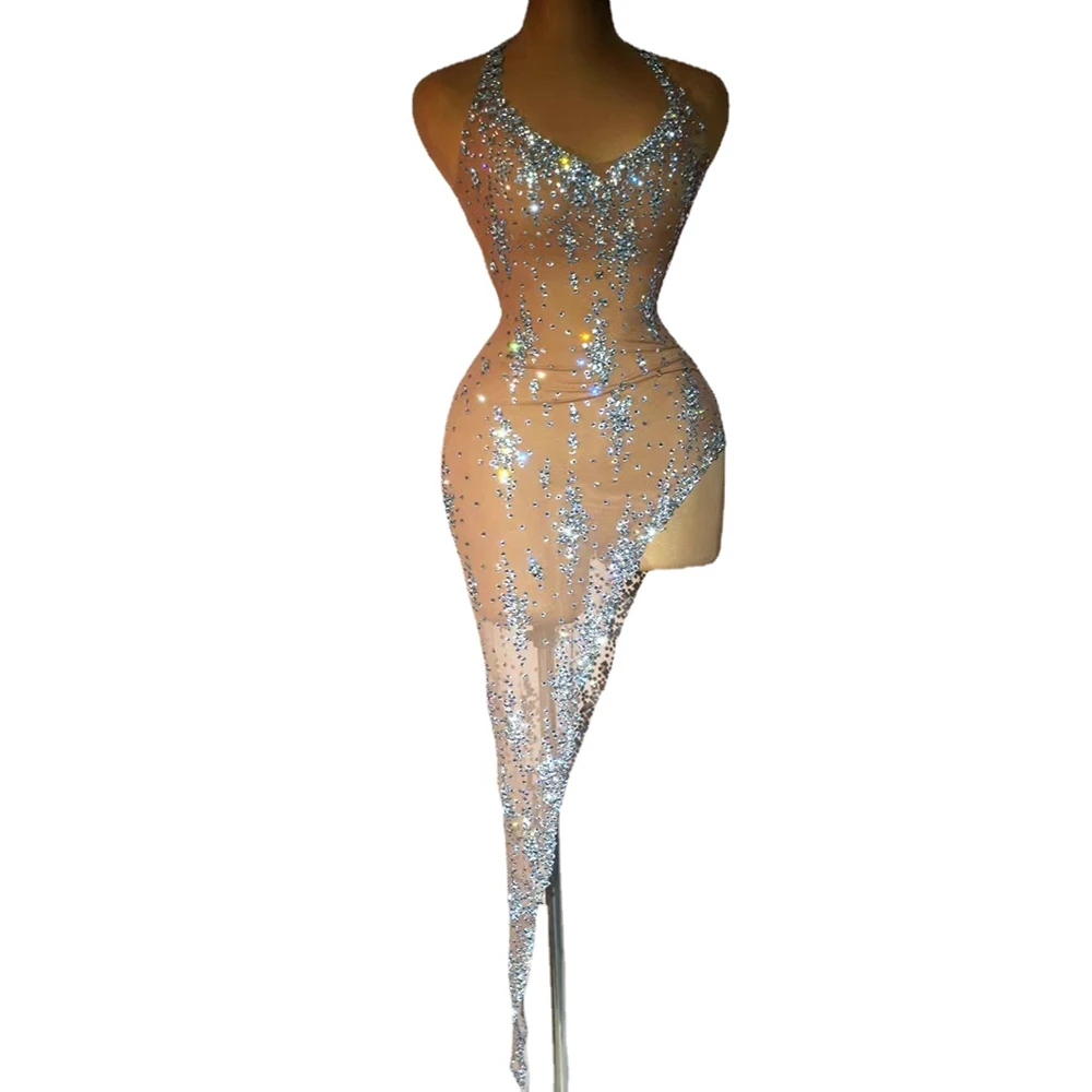 

Sparkly Rhinestones High Split Asymmetrical Dress for Women Sexy Evening Celebrate Wedding Birthday Dress Photo Shoot Costume