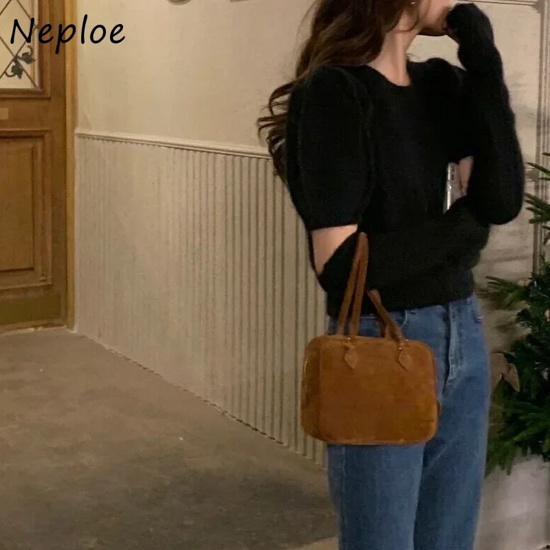 Neploe Korean Office Lady Elegant Simple All-match Knitted O Neck Short Sleeve Pullover Solid Color Design Sense Sweater with