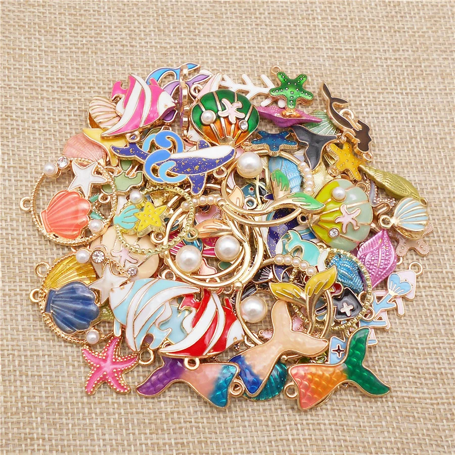 50PCS Enamel Marine Organism Charms Mix Sea Fish Mermaid Shell Whale Seahorse Alloy Pendant Bracelet Jewelry Handmade Accessory