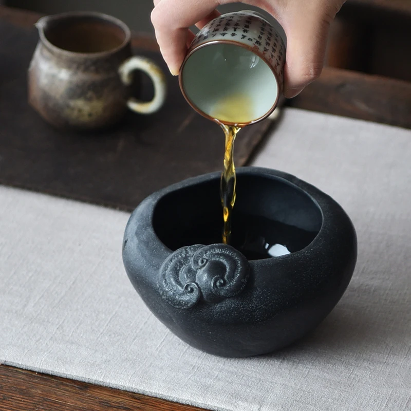 Black Golden Stone Pot Handcrafted Natural Basalt Stone Basin Zen Home Garden Decor Gift for Tea Lovers Tea Room Tea Wash 600ml