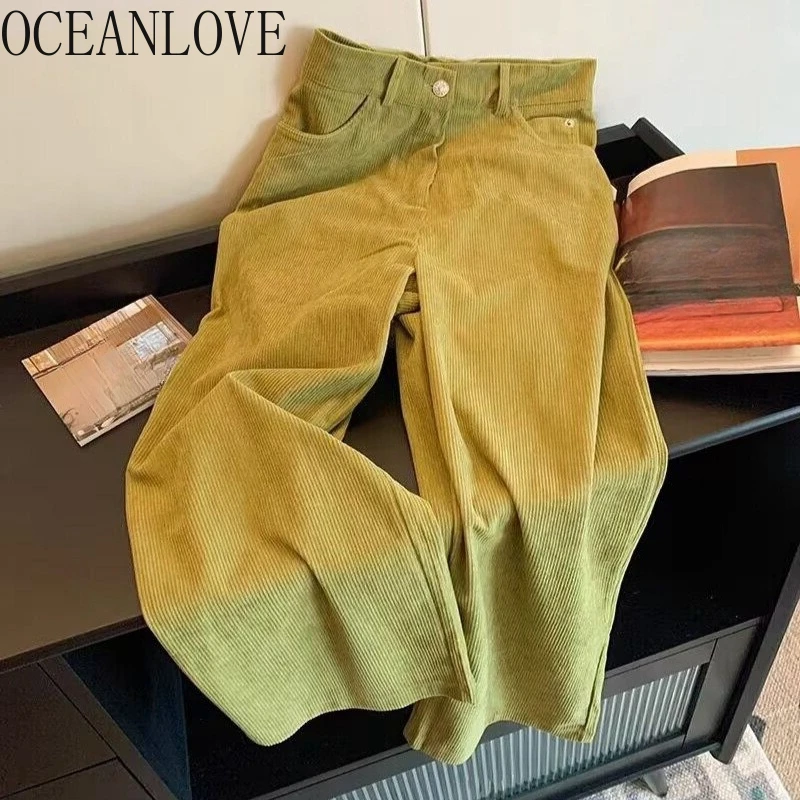 

OCEANLOVE Women Pants Solid Autumn Winter Vintage Green Corduroy Pantalones Mujer Korean Fashion Loose Wide Leg Trousers