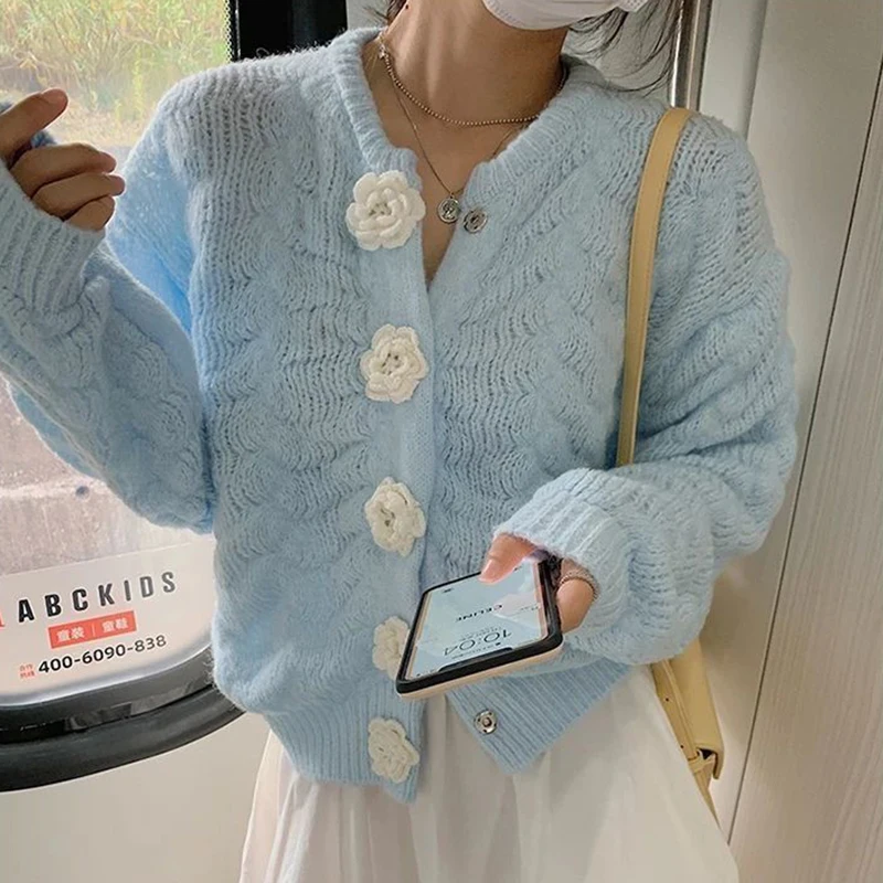 

Винтажный милый вязаный кардиган для женщин с 3D цветочным пуговицами, свободный повседневный японский свитер с круглым вырезом и длинными рукавами, мягкие весенне-осенние топы