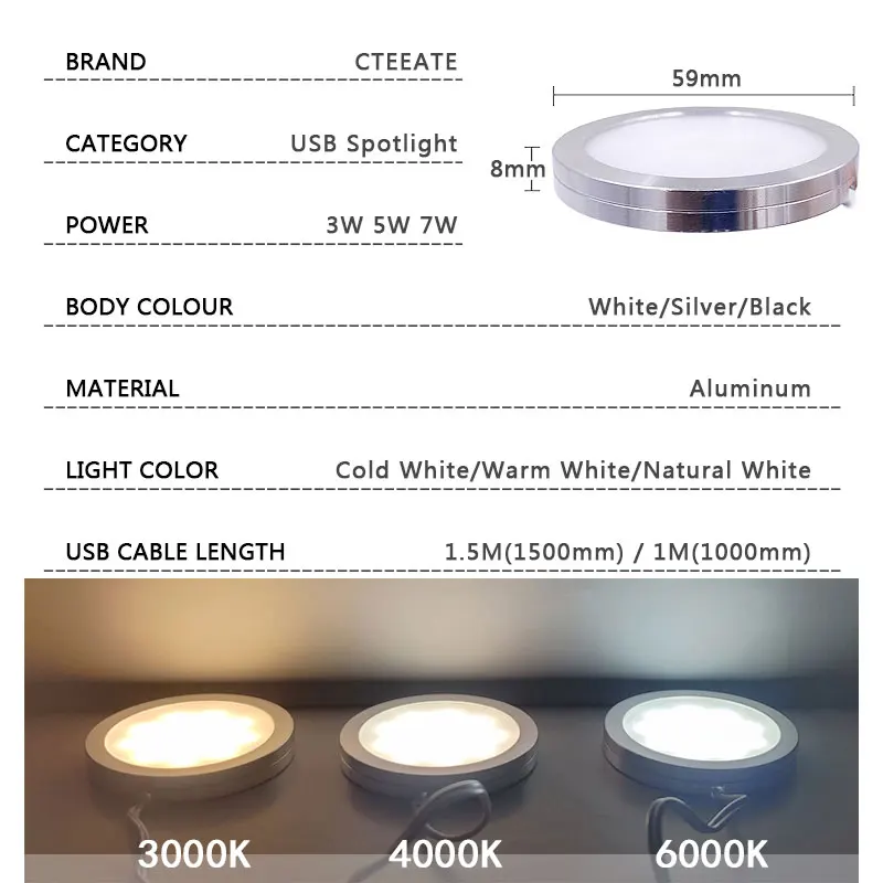 Imagem -02 - Led sob a Luz do Armário Mini Spotlight Exibição de Jóias Vitrine Armário Lâmpada do Teto Montado Downlight Usb 5v 5w 3w 7w