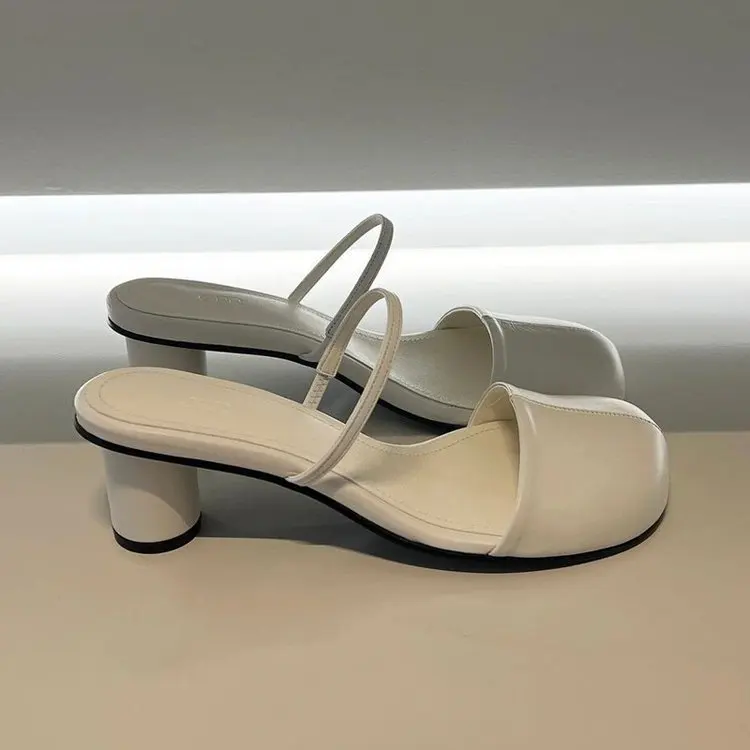 Baotou Half Slippers Women Summer New Outer Wear Fashion Solid Color Square Toe Thick Heel High-heeled Women\'s Slides Pantuflas