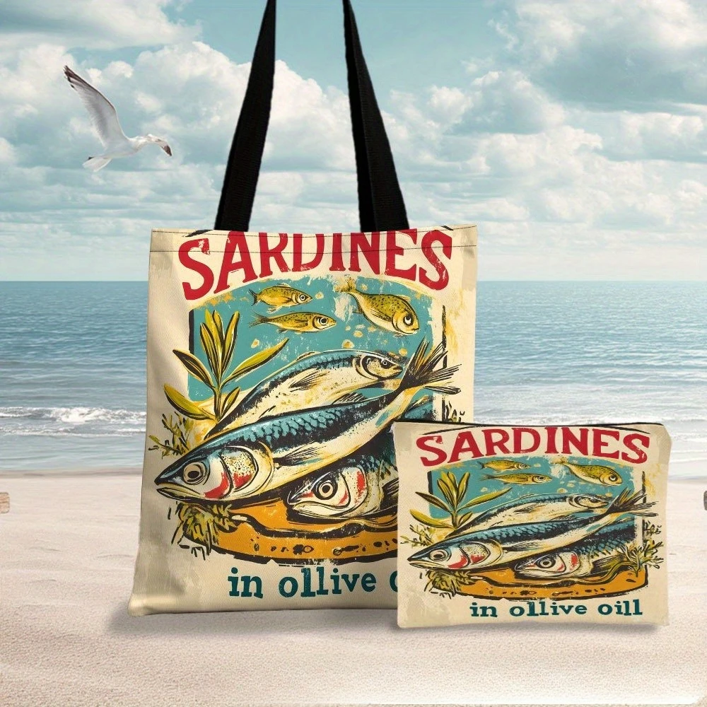Sardine in Olive Oil Art Tote Bag, Beach Bag with Makeup Bag Multi-functional Shopping Bag, Shoulder Bag, Travel Toiletry Bag
