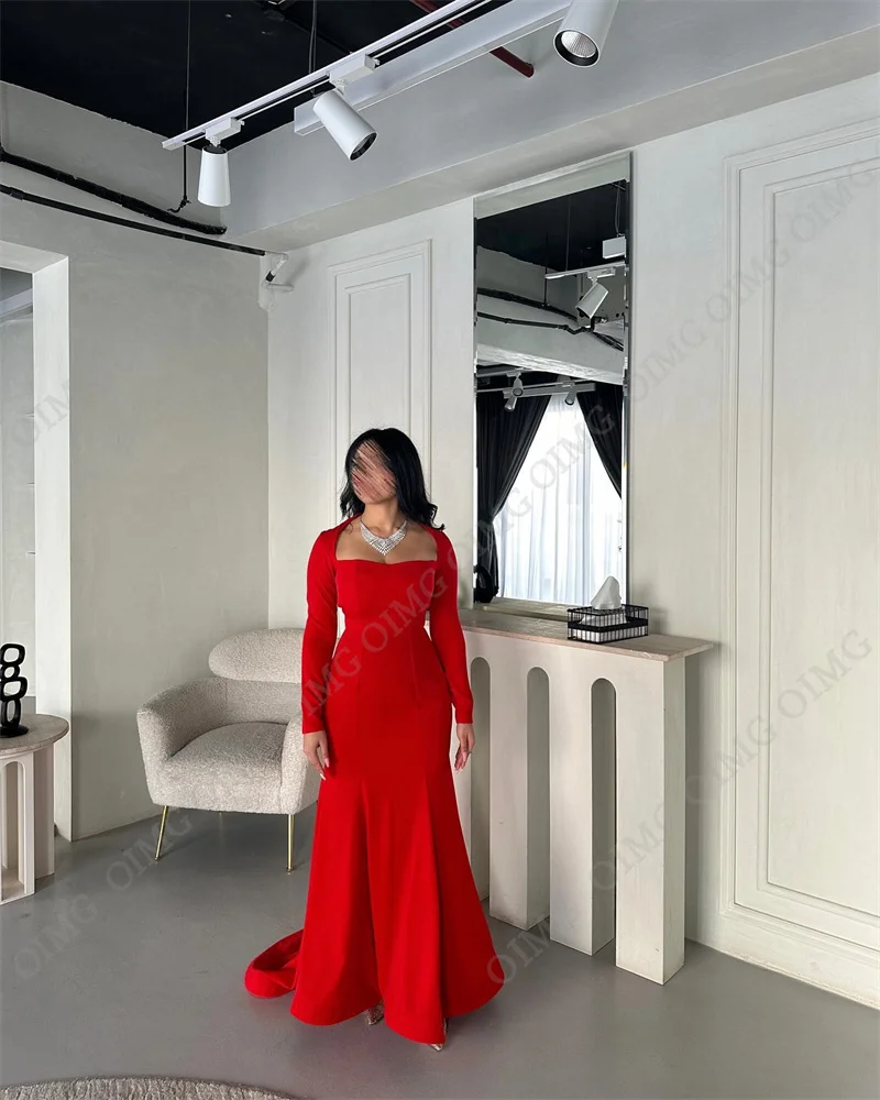 OIMG Red Mermaid Formal Evening Dresses Simple Stretch Satin Strapless Party Dress Celebrity Prom Gowns Vestido de fiesta