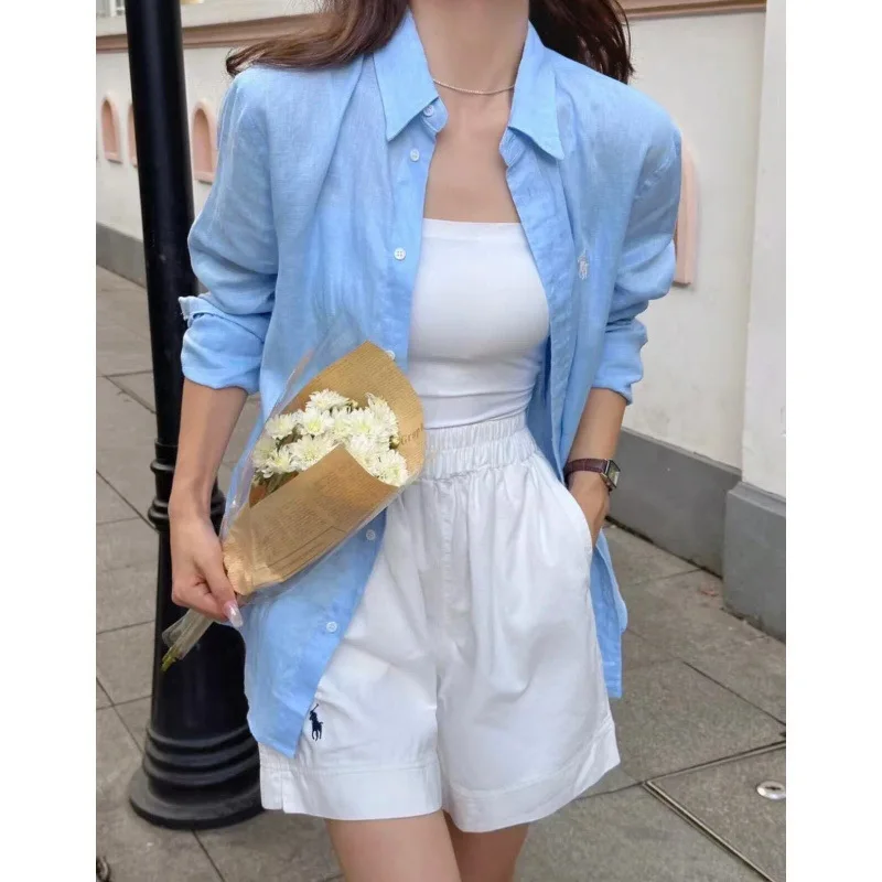 Pure Color Linen Long Sleeve Shirt Basic Style Outerwear Summer Sun Protection Spring Autumn Seasonal Polo Collar Polyester F...