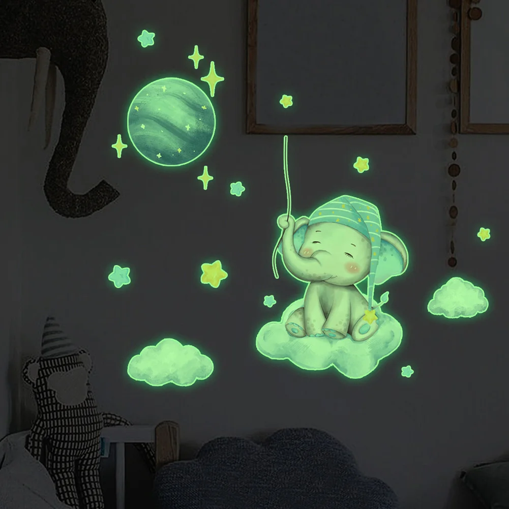 New Luminous Little Elephant Moon Wall Stickers Baby Kids Room Decor Bedroom Home Decoration Glow In The Dark Combination Decals