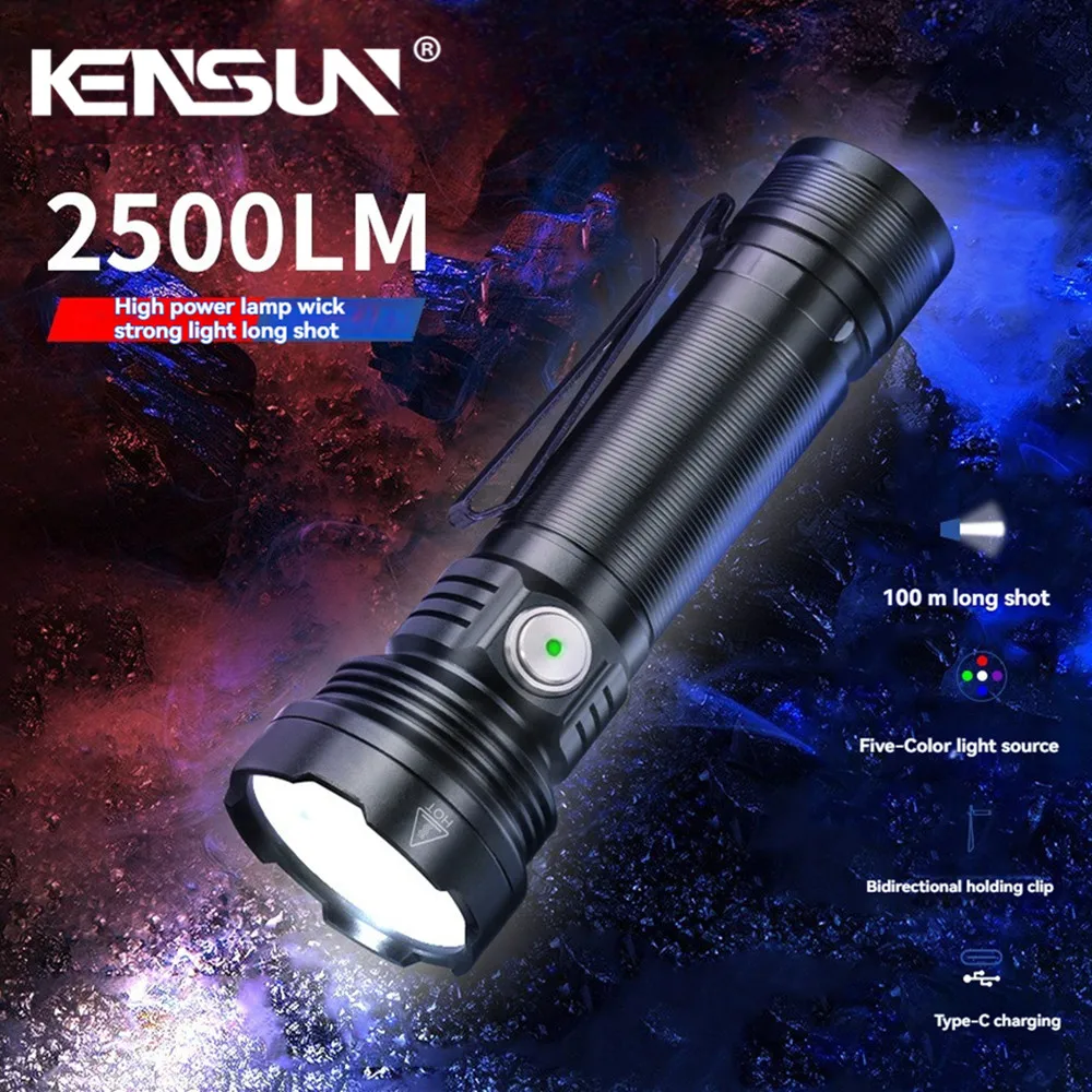 

Powerful LED Flashlight with 5-Color Light Source Type-C Rechargeable Torch UV Light Lantern for Camping & Fishing