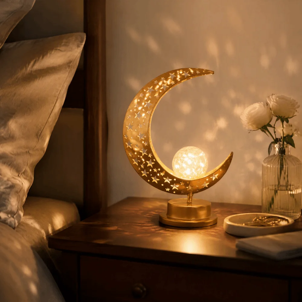 Battery Powered Desk Light LED Crescent Design Hollowed Out Iron Art Desktop Night Light Moon Lamp Eid Festive Display