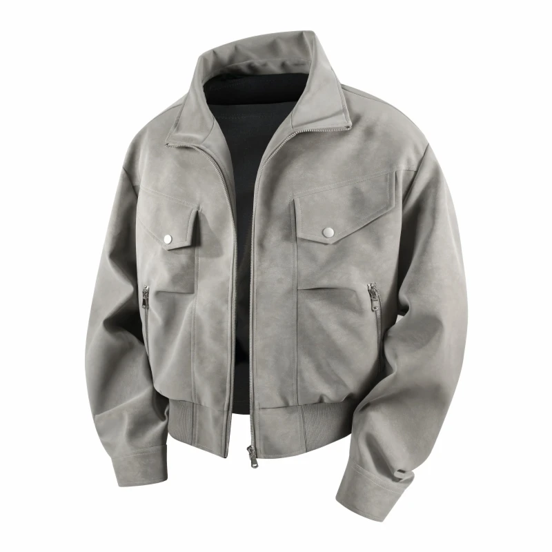 

Laid-ba Sle American Windproof Motorcycle Jaet Men's Loose Fit Stand Collar Leather irt Jaet Trendy Spring New Arrival