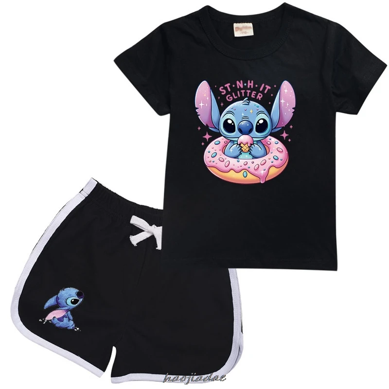 Ensemble de vêtements d'été CAN o and Stitch pour bébé, survêtement pour enfants, manches courtes, t-shirt imbibé pour filles et garçons, tenues en coton, 2 pièces par ensemble