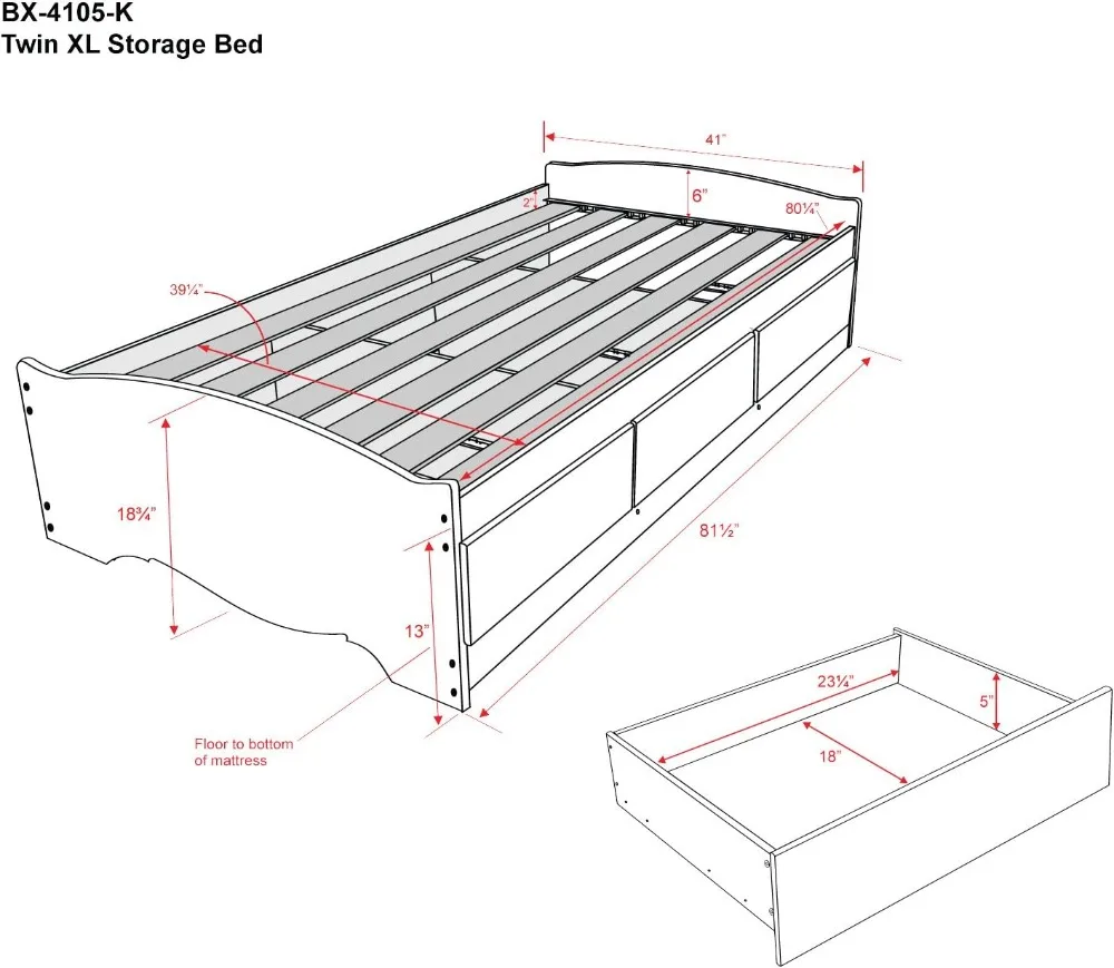 Cama de armazenamento plataforma minimalista Twin XL, gavetas pretas, contemporâneo, XL, 3 gavetas, 81,5 "D x 41" W x 18.75 "H