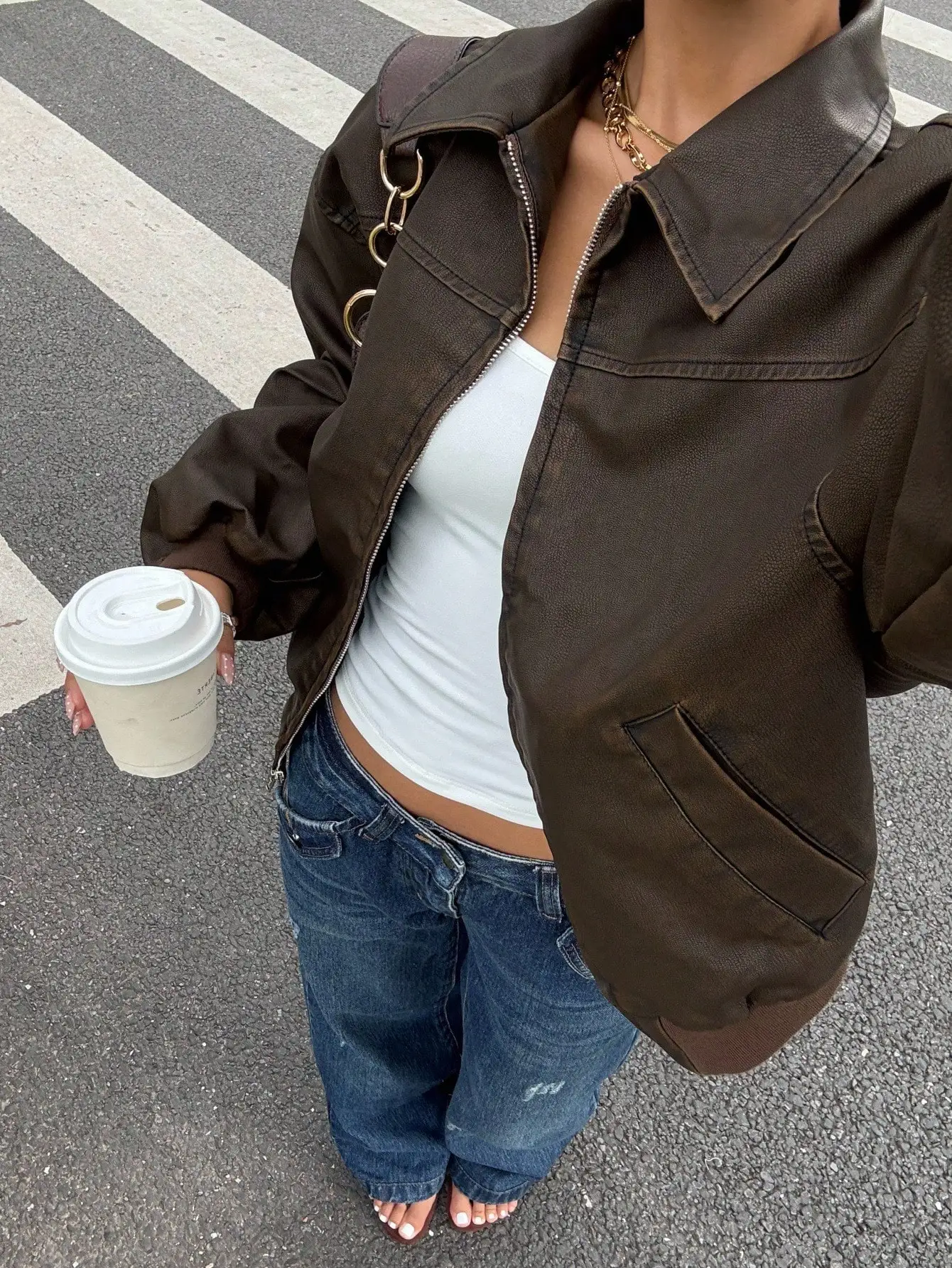 

Женская винтажная куртка из искусственной кожи с цепочкой, в уличном стиле для повседневной носки осенью