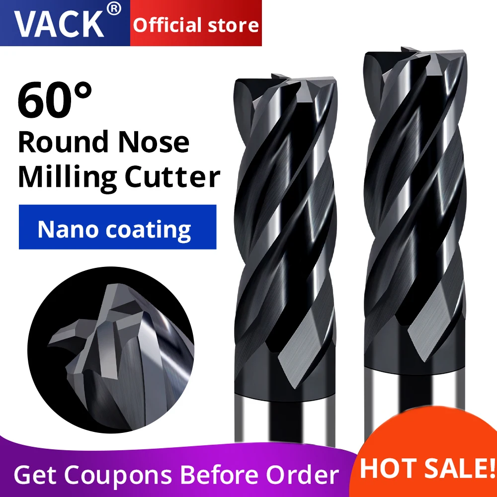 Vack ดอกกัด HRC60สำหรับงานกัด CNC R bullnose เครื่องกัดเหล็กทังสเตนคาร์ไบด์เราเตอร์โลหะดอกเราเตอร์บิต4ขลุ่ย R0.5 R1