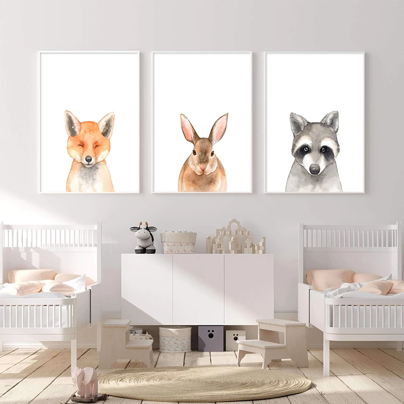 Watercolor Animal Poster and Print Rabbit Fox Wall Art Pictures for Kindergarten Decorative Painting Baby Room Decor Adorable