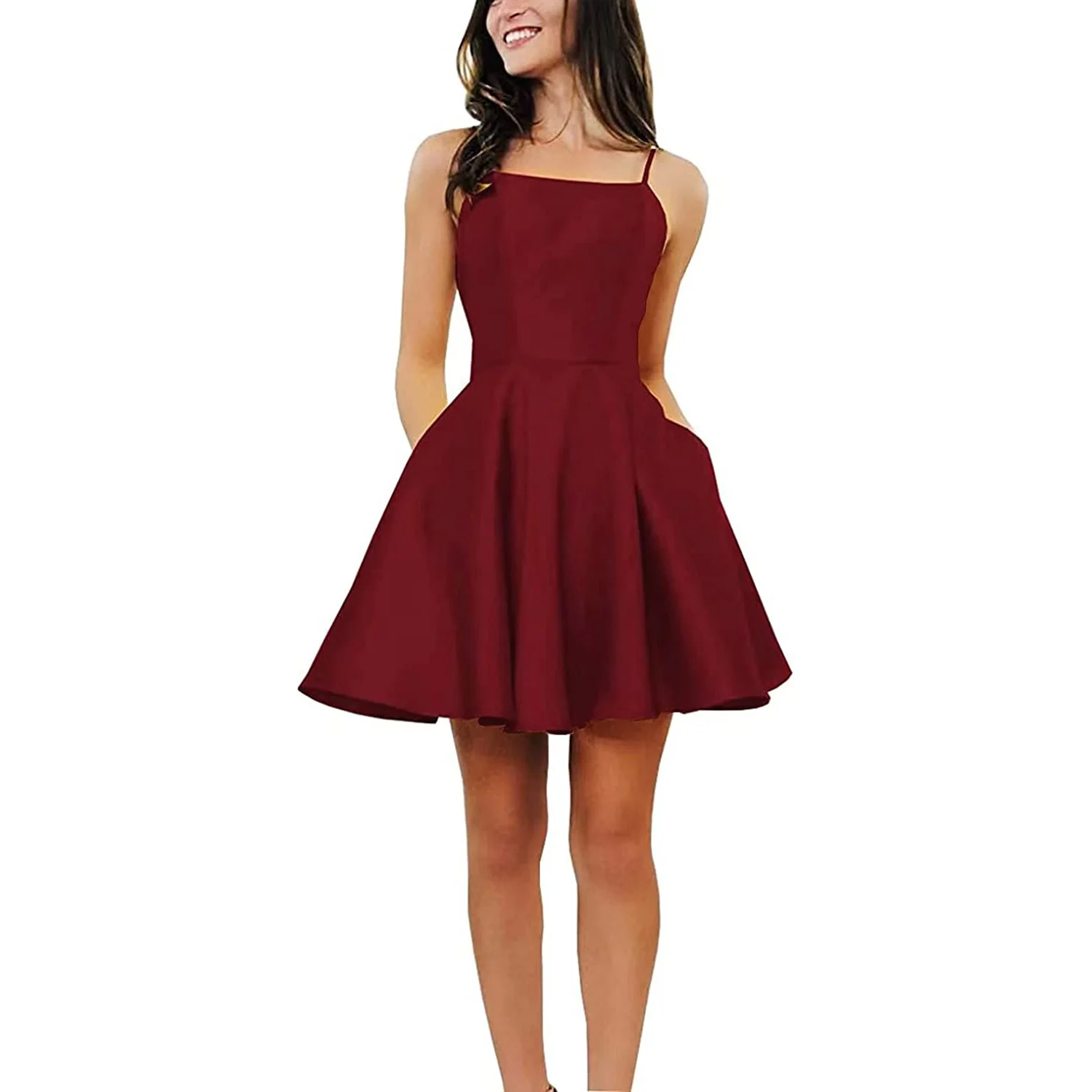 Fdhaolu alça de ombro vestido de baile curto cetim sem costas vestido de noite formal de baile com bolso ru175