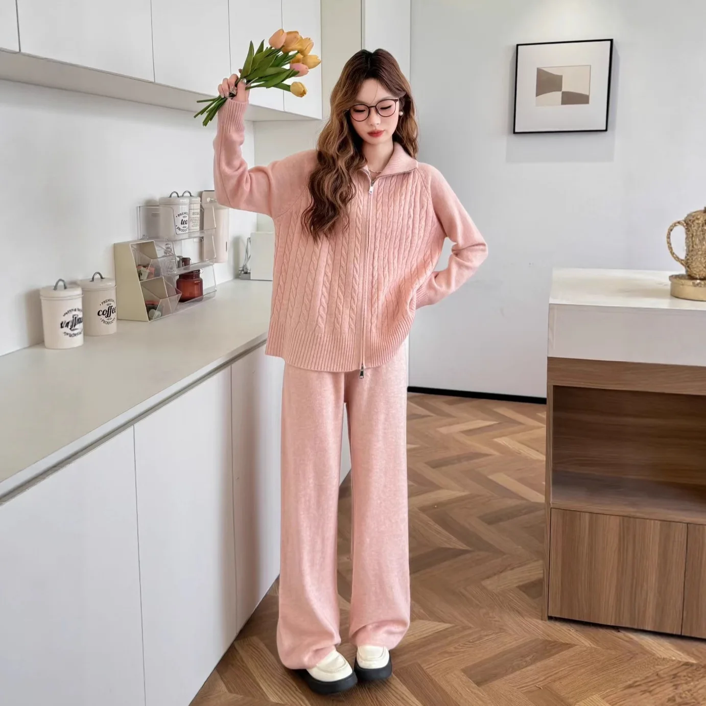 투피스 여성 니트 팬츠 세트 매칭 세트 캐주얼 지퍼 턴다운 칼라 스웨터 Y2K 와이드 레그 팬츠 루즈핏 2025 가을