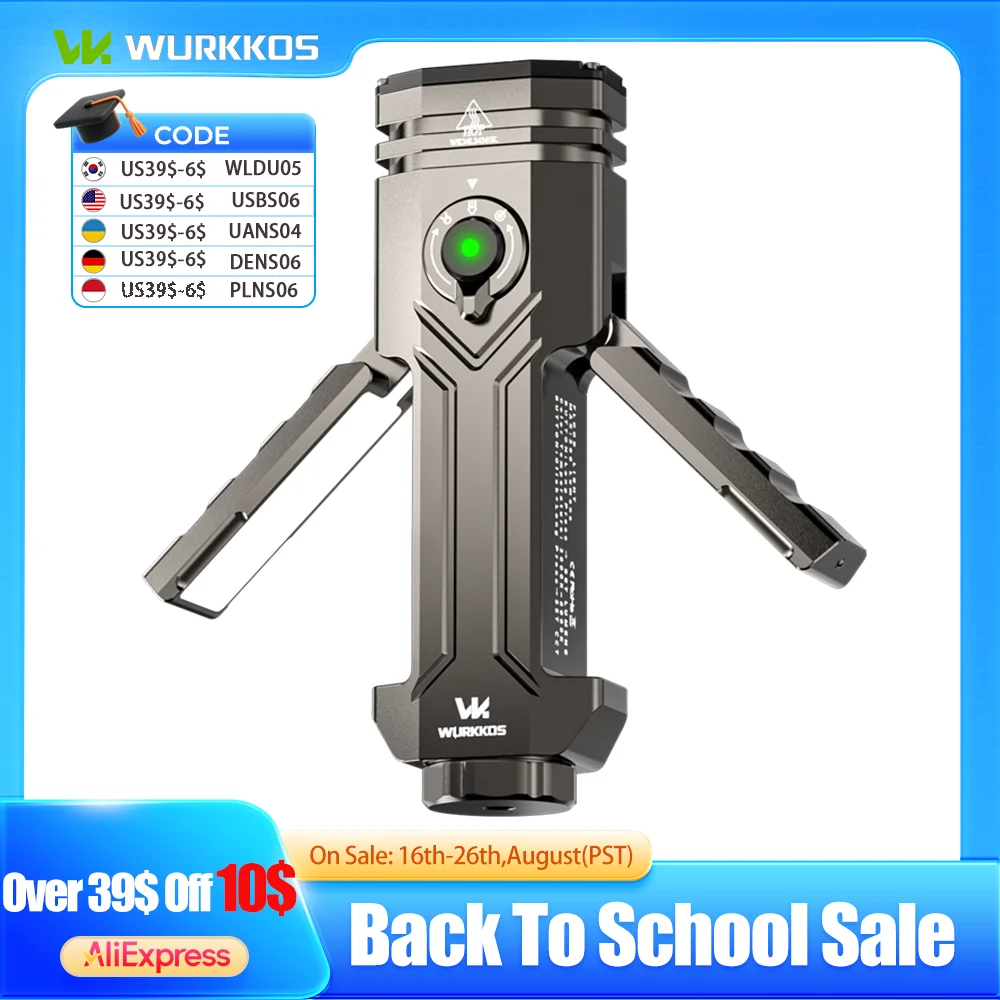 Wurkkos HD02 21700 LED-Taschenlampe, Mini-UV, 3200 Lumen, wiederaufladbar, 6500 K, magnetische Verformung, Taschenlampe, tragbar, Angeln, Jagd