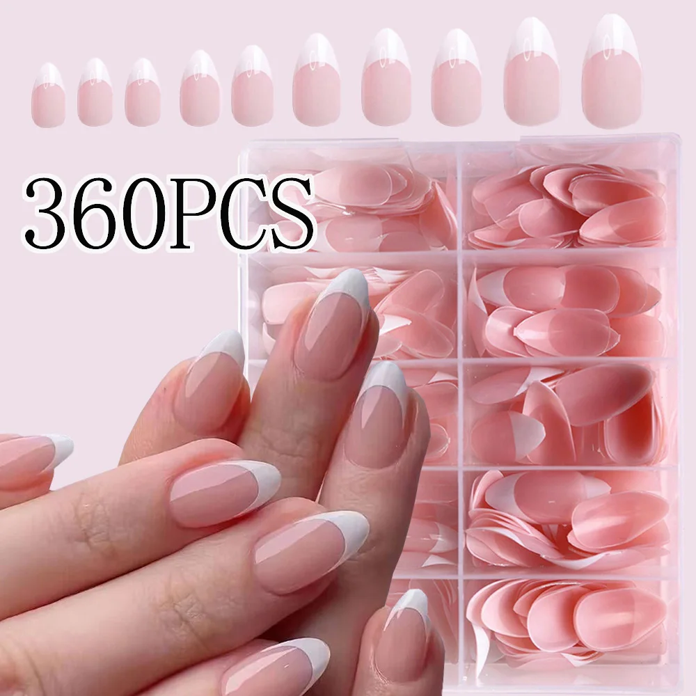 

360/150Pcs Pink French Glossy Soft Gel Nail Tips Medium Almond White Simple Press On Fake Nails 10Grids Huge Capacity False Nail