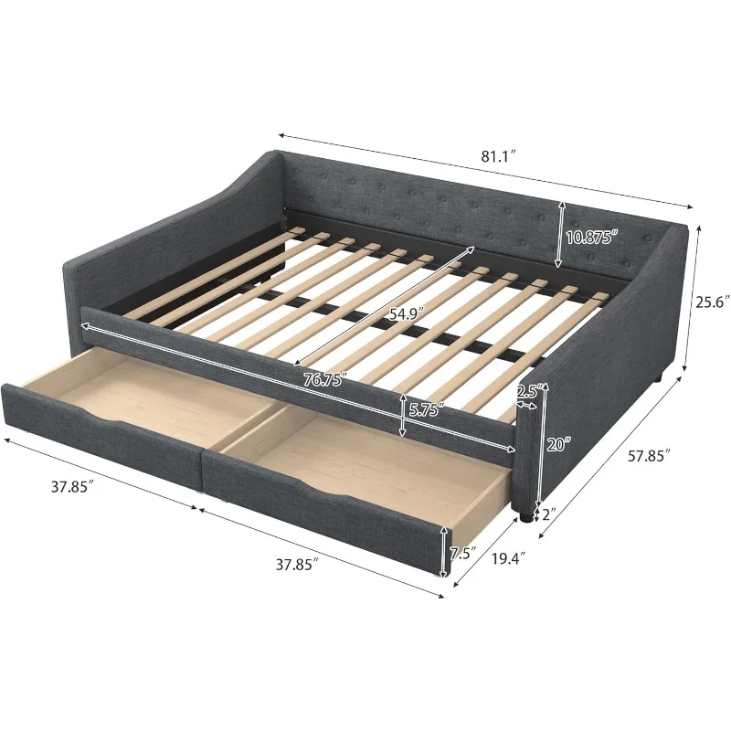 Full Size Daybed with Storage, Upholstered Day Bed Frame with 2 Drawers and Button Tufted Backrest,Wood Slat Support,No