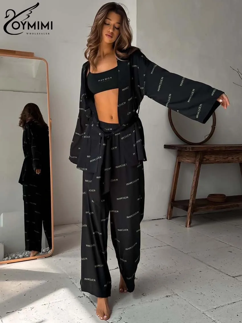 Oymimi Casual Black Print Women 2 Piece Set Outfit Elegant Long Sleeve Lace-Up Shirts And Low Waisted Straight Trousers Sets