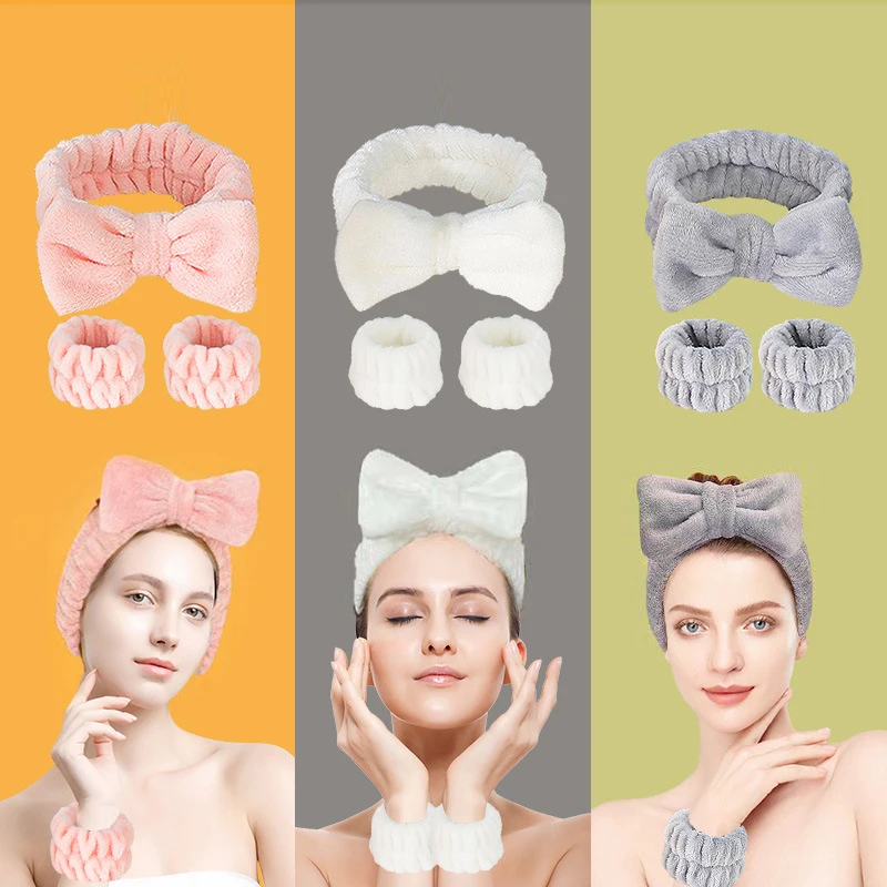 3PCS Stylish Washing Headband Set Soft Microfiber Towel Wristbands Scrunchies Headband for Washing Face Makeup Shower Skincare