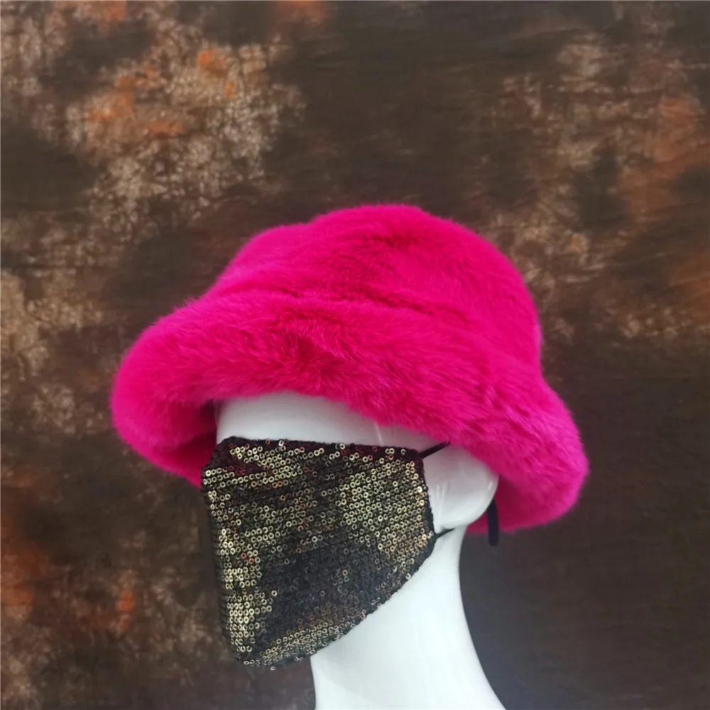 Fluffy Artificial Fur Bucket Hat for Women\'s Luxurious Plush Tie Dyed Bucket Hat for Warm Winter Fisherman Hat Gorgeous Hat