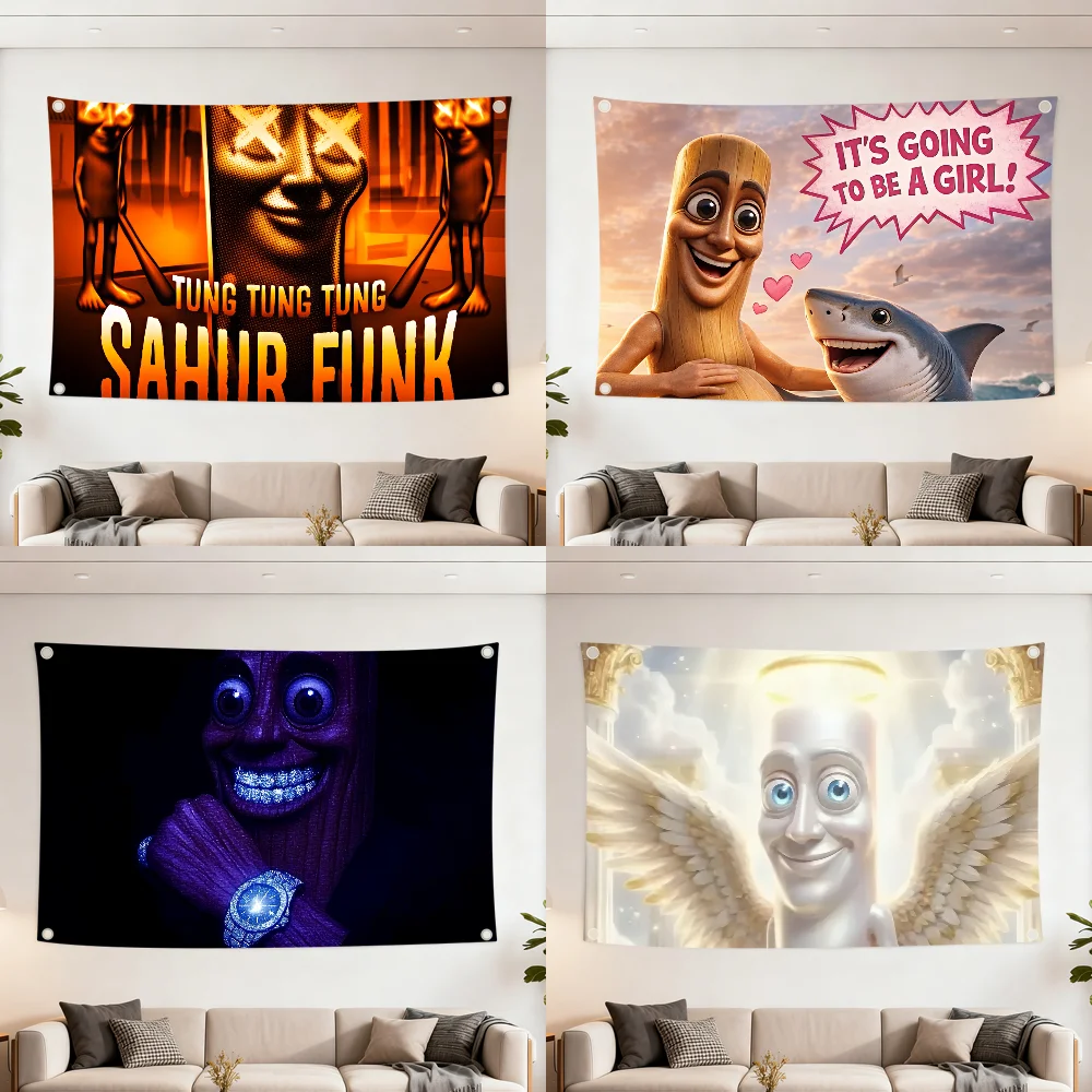 T-Triple T Meme Tung Tung Sahur Flag Decoration Outdoor Picnic Party Art Hanging Home Camping Party Banner Best Sellers