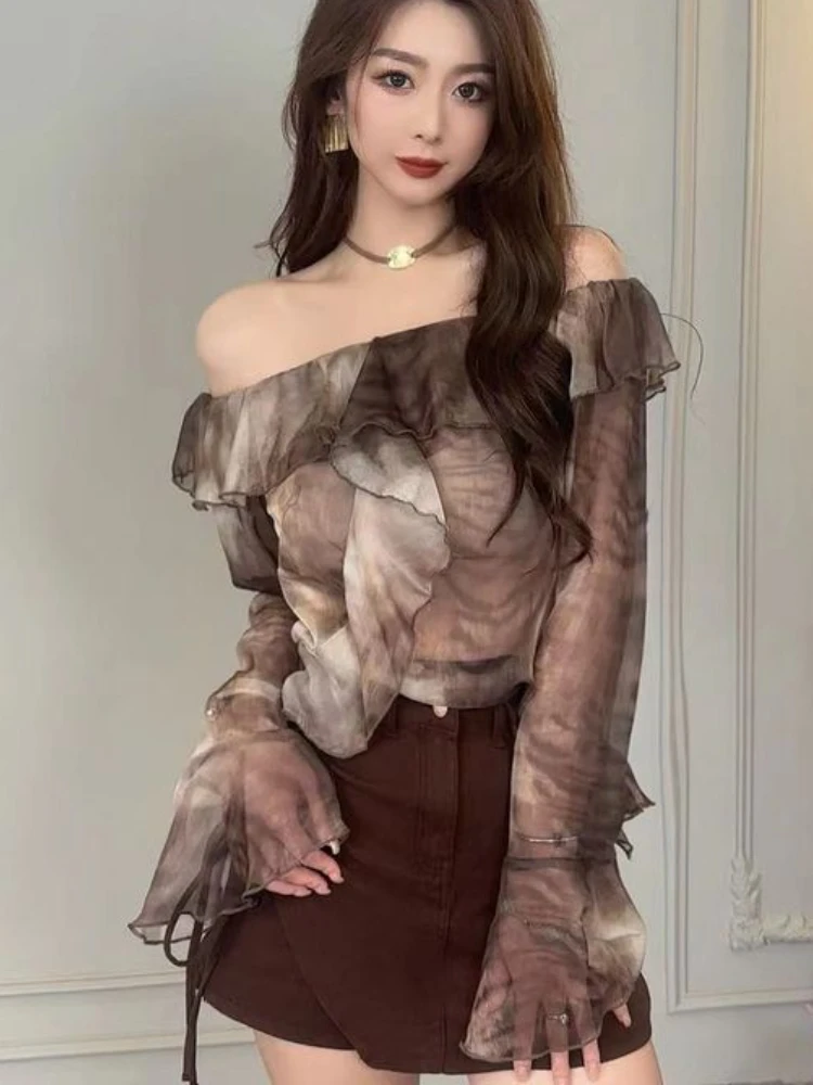 Blouses Women Ruffles Elegant Chic Summer Thin Flare Sleeve Aesthetic Vintage Tie Dye Cropped Sweet Slash Neck Ins Fashion Tops