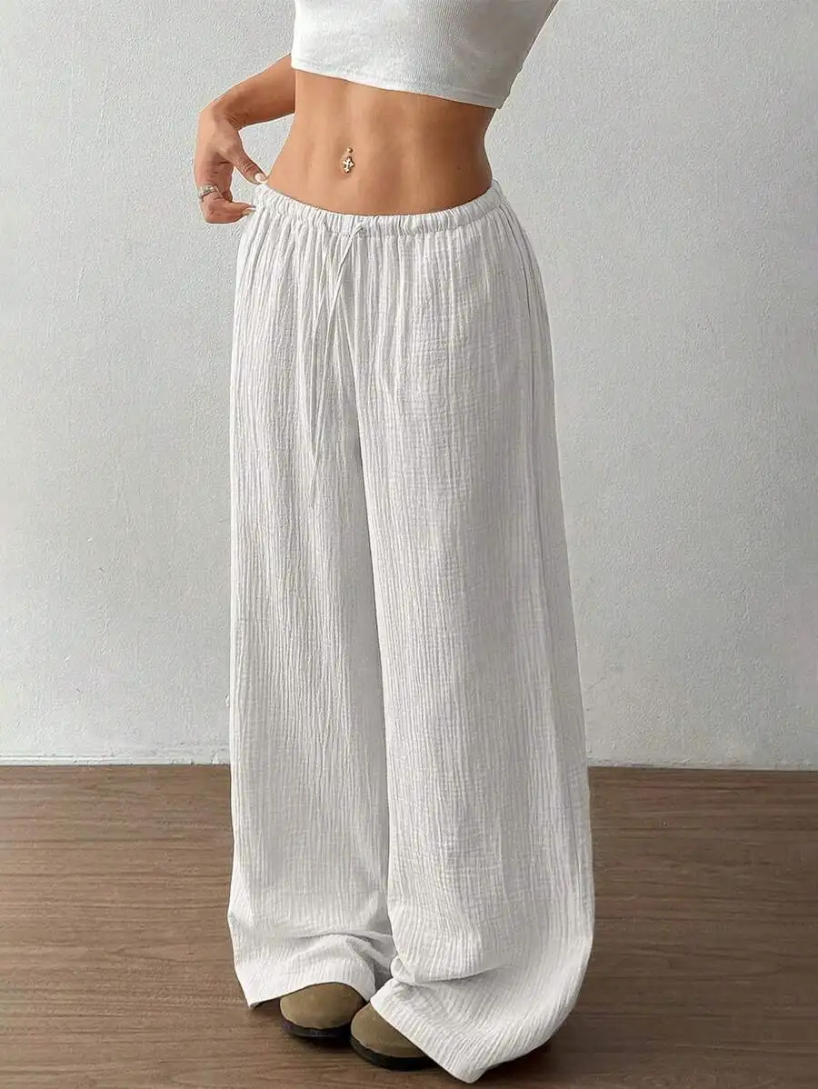 Moda mujer pantalones de pierna ancha sueltos elegante sólido alto cordón de cintura Oficina señora viaje pantalones holgados pantalones de chándal casuales