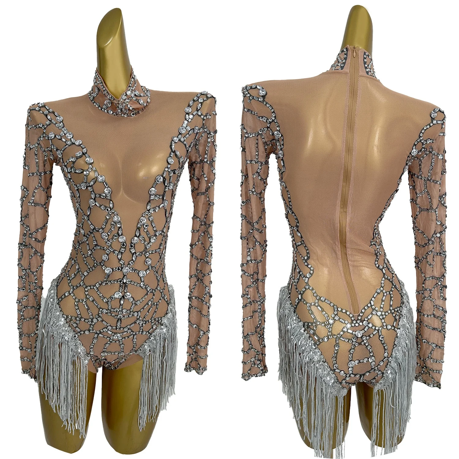 

Sparkly Rhinestone Sexy See Through Mesh Bodysuit Women Birthday Party Stage Show Short Jumpsuit Sequins Tassel Bodysuit Junlie