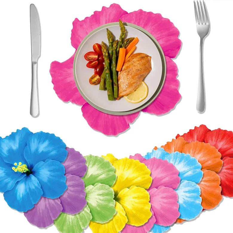 5Pcs Colorful Hibiscus Flower Paper Placemats Tropical Hawaiian Luau Party Table Decor Tablecloth Mats For Summer Beach Party